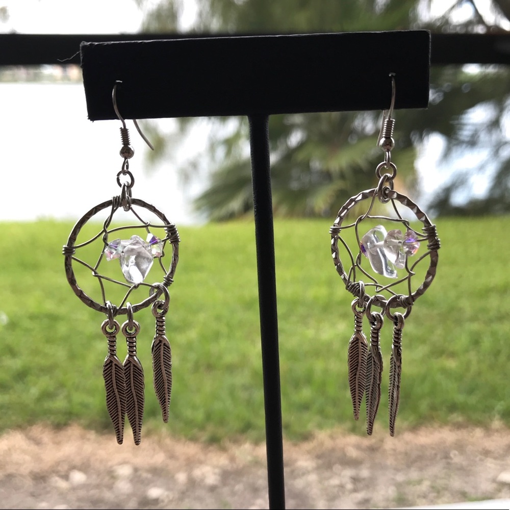 Genuine crystal quartz boho dream catcher earrings - Picture 2 of 8